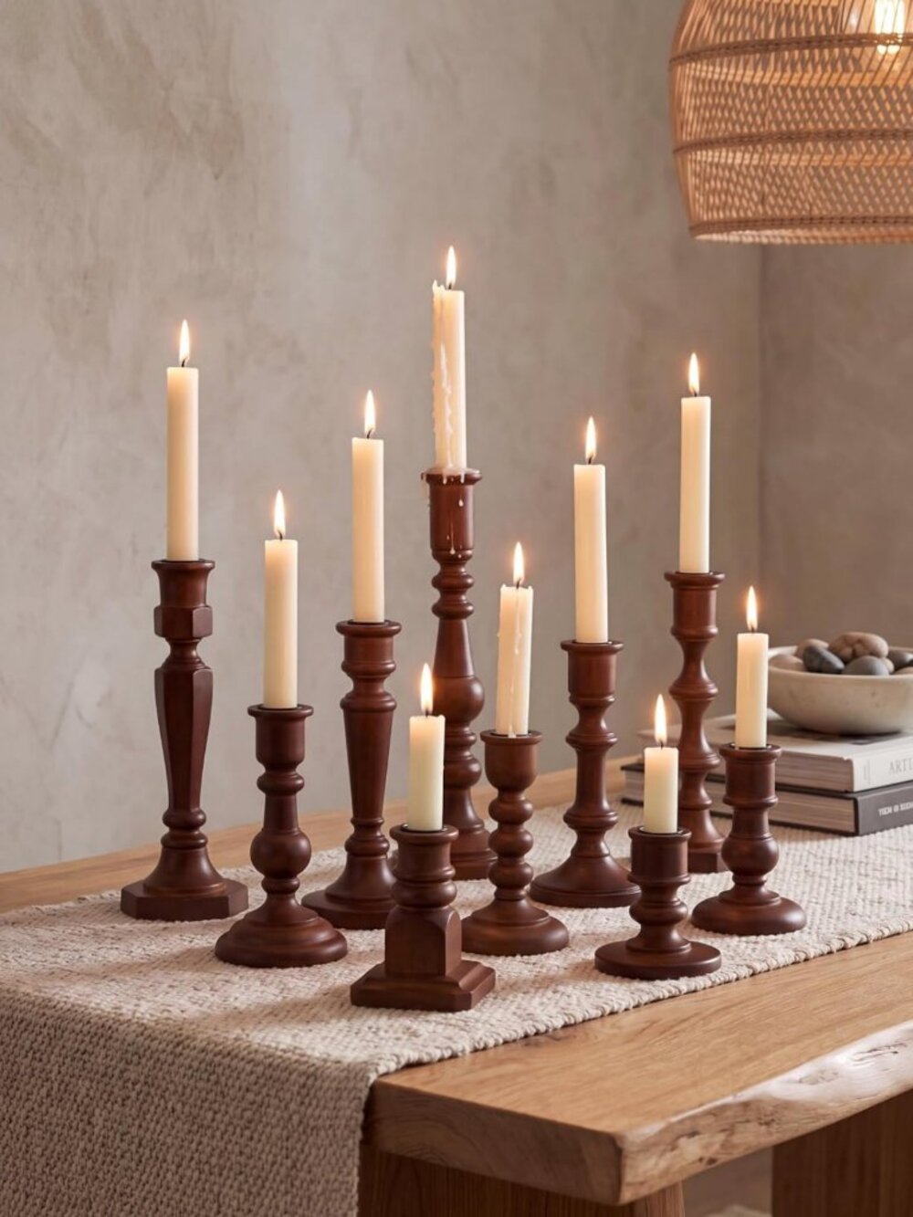 Set of 10 Elegant Wood Taper Candle Holders - Rustic Home Decor, Wedding